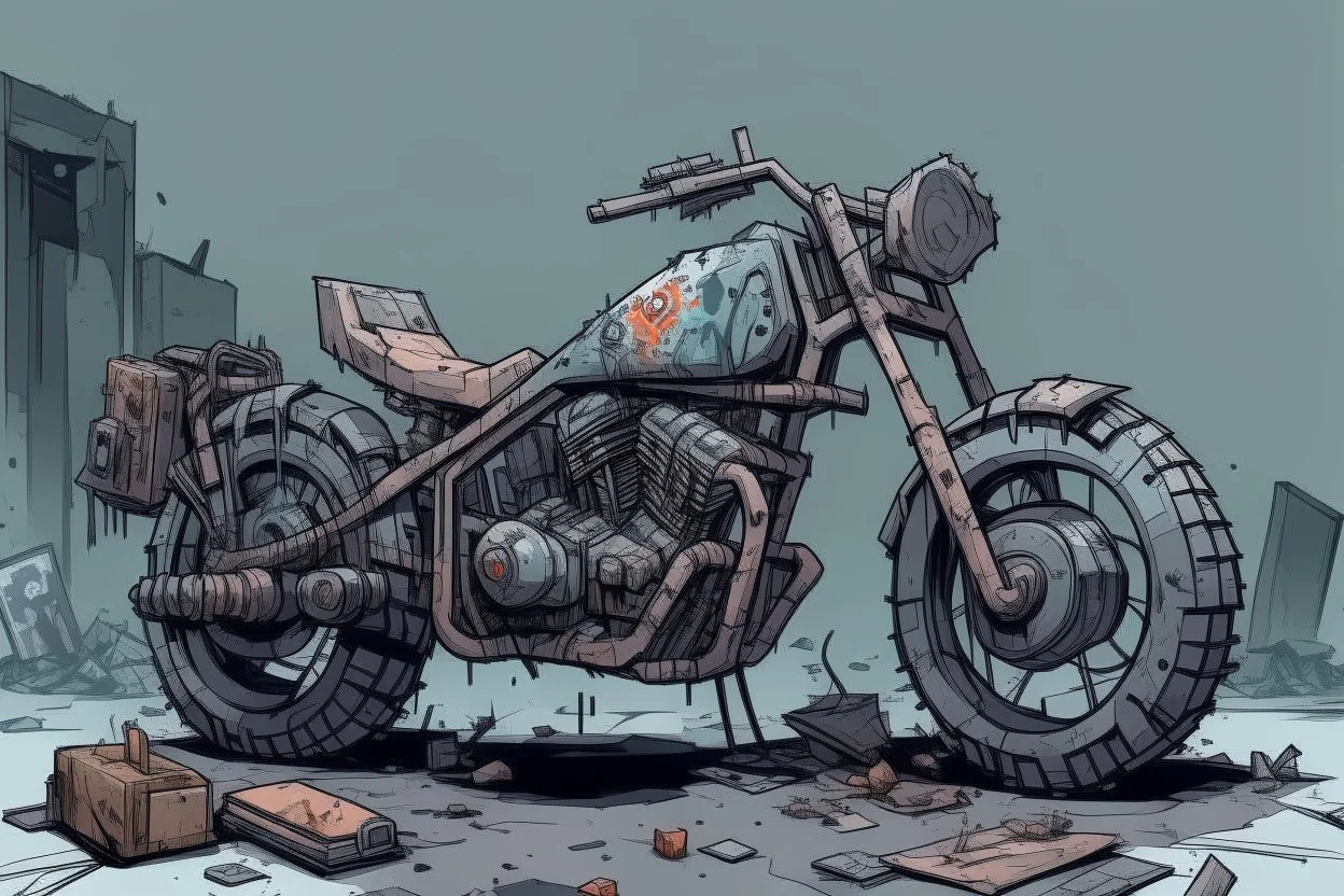 motorcycle, comic book,post-apocalypse, gray background,