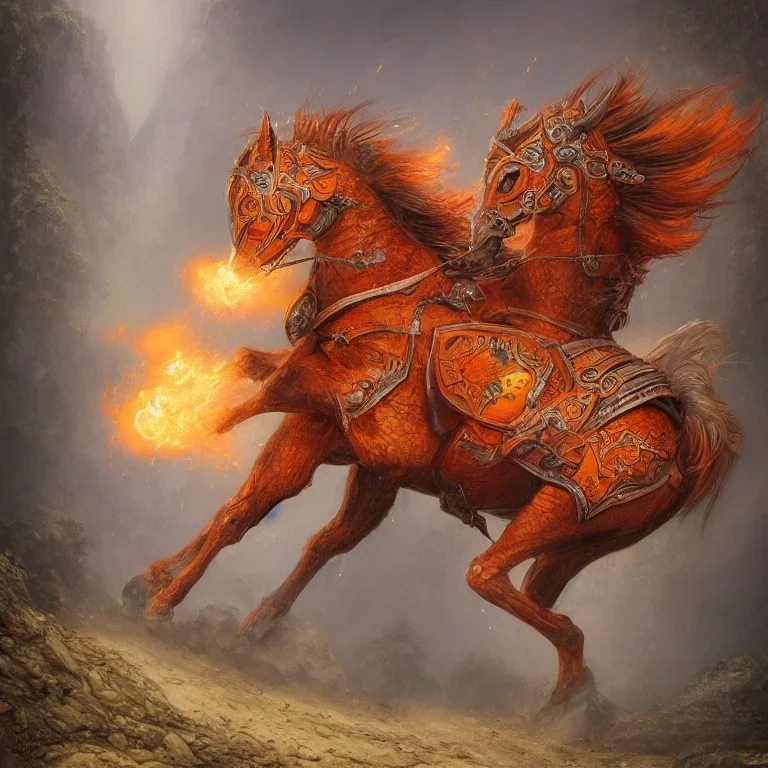 angry horse in orange and blue battle armor, bucking, a highly detailed illustration, background of Inka jungle, realistic render, 8 k, micro detail, intricate, elegant, centered, digital painting, Artstation, smooth, sharp focus, illustration, artgerm, tomasz alen kopera, peter mohrbacher, donato giancola, joseph christian leyendecker, wlop, boris vallejo