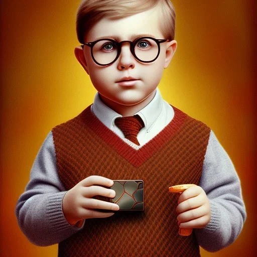 Peter Billingsley chubby kid, Tortoise-shell glasses, holding A ((dark red soap bar)) in his hand, brown argyle sweater