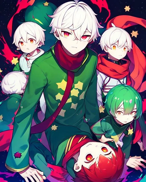 Green clothes with a yellow stripe and star in the middle of the print, short white hair, A young boy, wears a red scarf, has a colorful aura, At the bottom there are several stars, and his eyes are green.