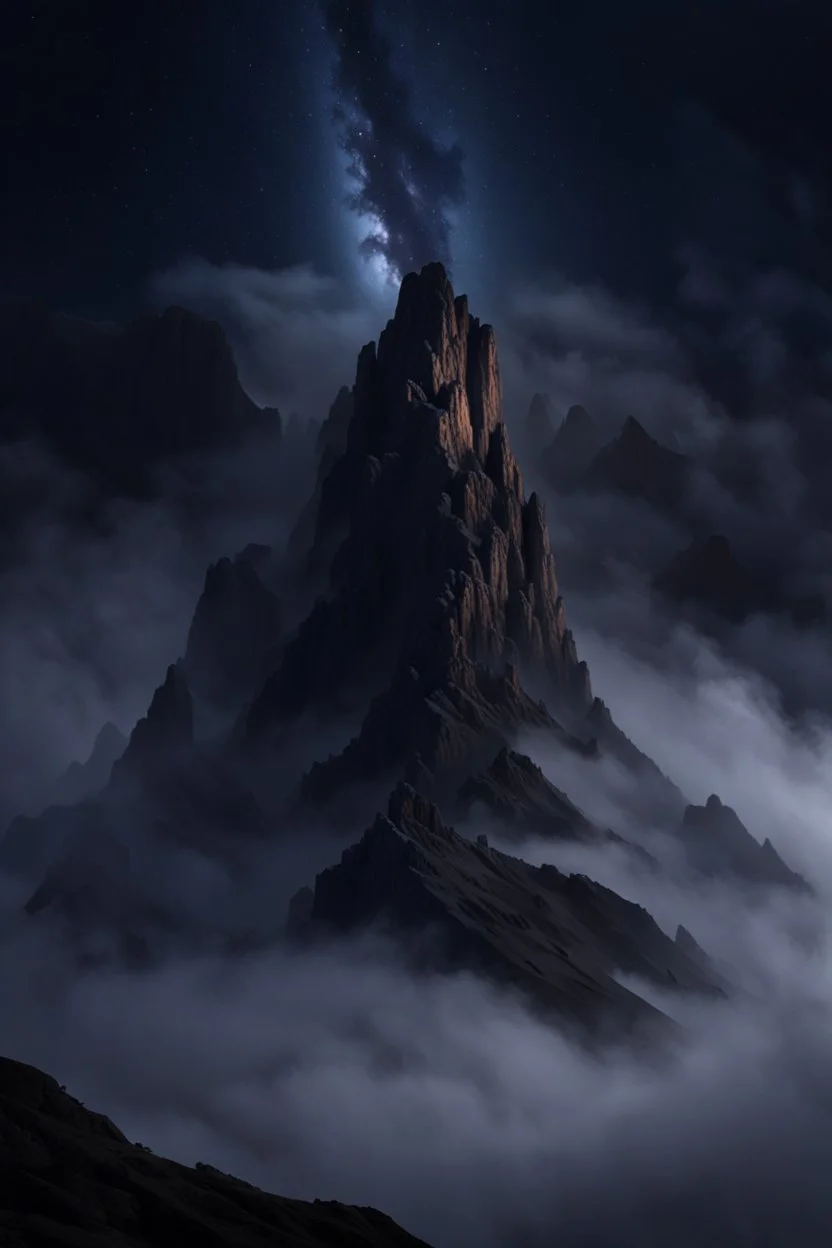 one single mountain sharp face rises out of the mist into the night sky. cinematic lighting, realism,HD, jordan grimmer, artstation, from below camera angle. a masterpiece, 8k resolution