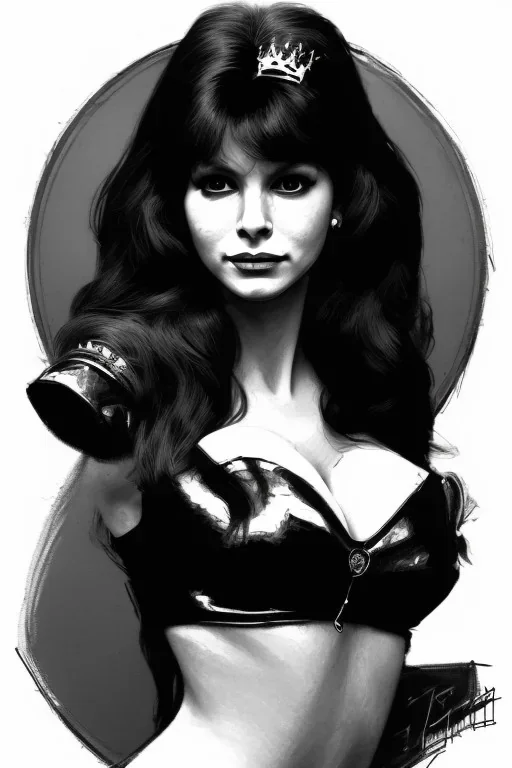 drawing of young victoria principal as evil queen in black leather, feminie, angry, stern look on her face, volouptous, busty, cleavage, emperious, mature, highly detailed, digital painting, artstation, concept art, smooth, sharp focus, illustration, art by gaston bussiere and alphonse mucha