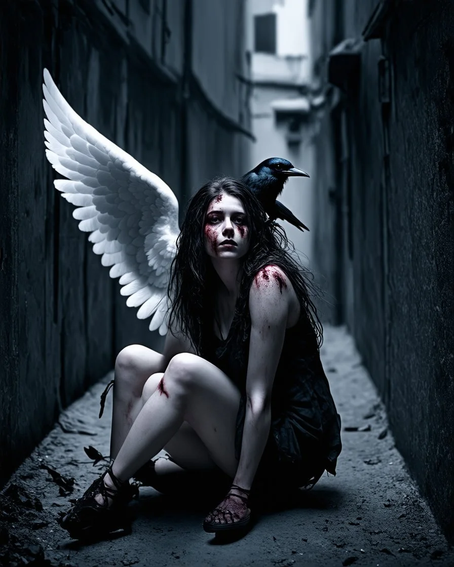 This image shows a fallen angel in a haunting, atmospheric scene. She sits in a dark alleyway, surrounded by subtle shadows and grunge textures, her skin damaged and her wild hair disheveled. A blind crow perches on her shoulder, adding to the eerie mood.