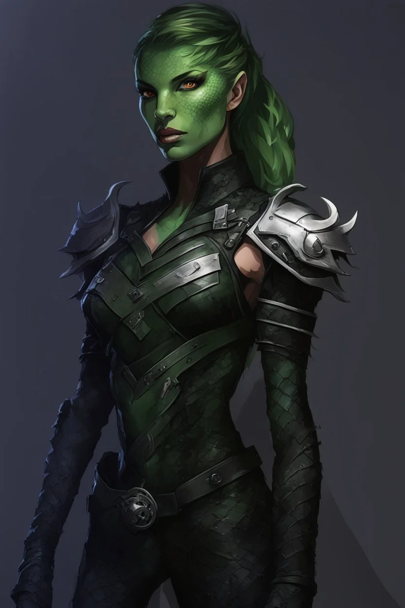 female snake humanoid, green scales, wearing a black leather armor, dungeons and dragons