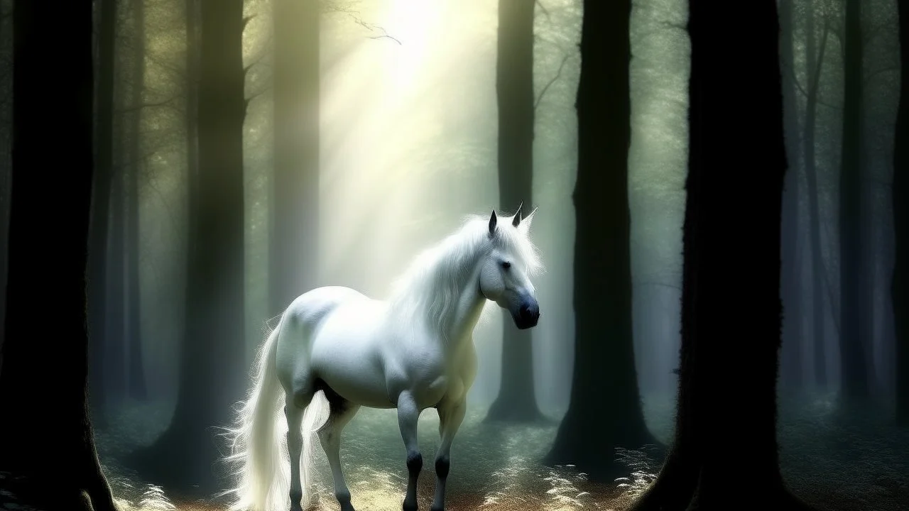 Unicornio en bosque brumoso, pelaje blanco luminoso, cuerno cristalino, luz suave filtrada entre árboles, estética etérea