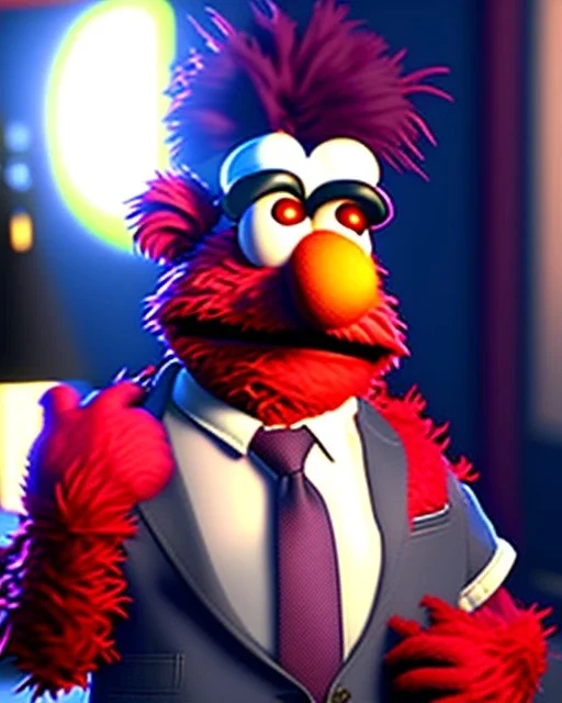 hybrid character, Elmo muppet head, real man body, human arms and hands, Shirt and tie, concept art, smooth, unreal engine 5, god lights, ray tracing, RTX, lumen lighting, ultra detail, volumetric lighting, 3d, finely drawn, high definition, 4k.