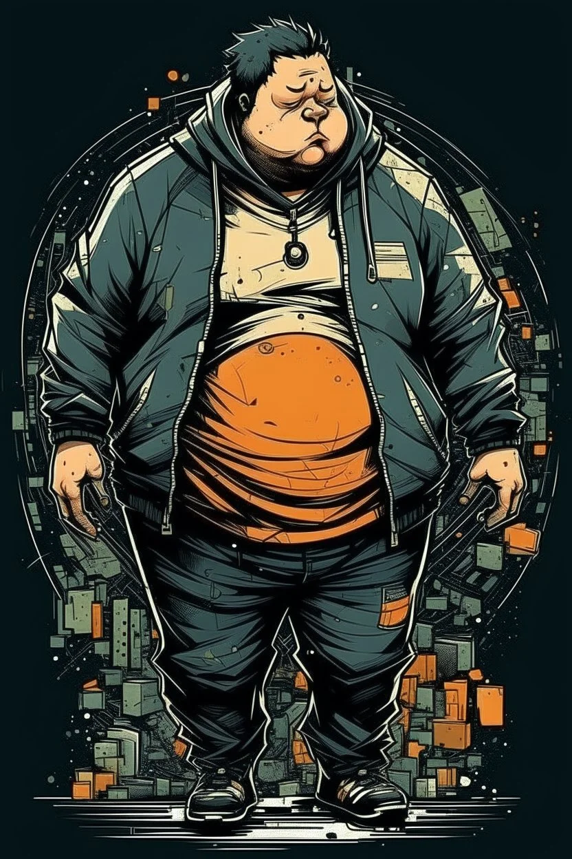 fat boy, hoodie , , cyberpunk,, comic book art style, geek, engineer, t-shirt, jeans, drug addict, ,