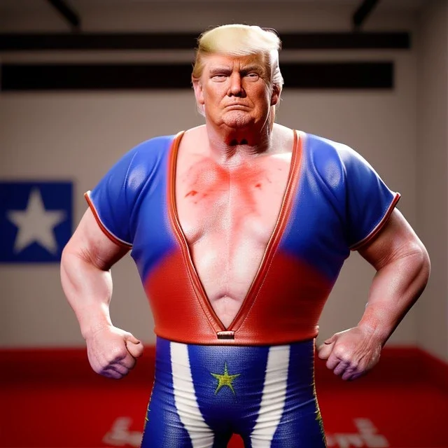 Realistic photo, Wrestler Donald trump, wrestling, sweat, blood, red breeches, suspenders, retro style, 80s, hot ambient, photo studio, vibrant color, gradient, highly detailed, art stations, concept art, smooth, unreal engine 5, god rays, ray tracing, RTX, lumen lighting, ultra detail, volumetric lighting, 3d, finely drawn, high definition, high resolution.