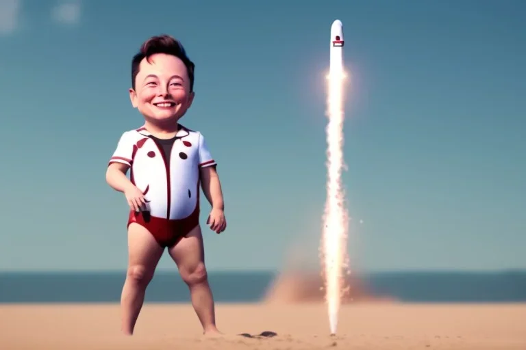 Elon musk as a baby building a Very tall Sandrocket on the beach. He is wearing a polkadot swimsuit