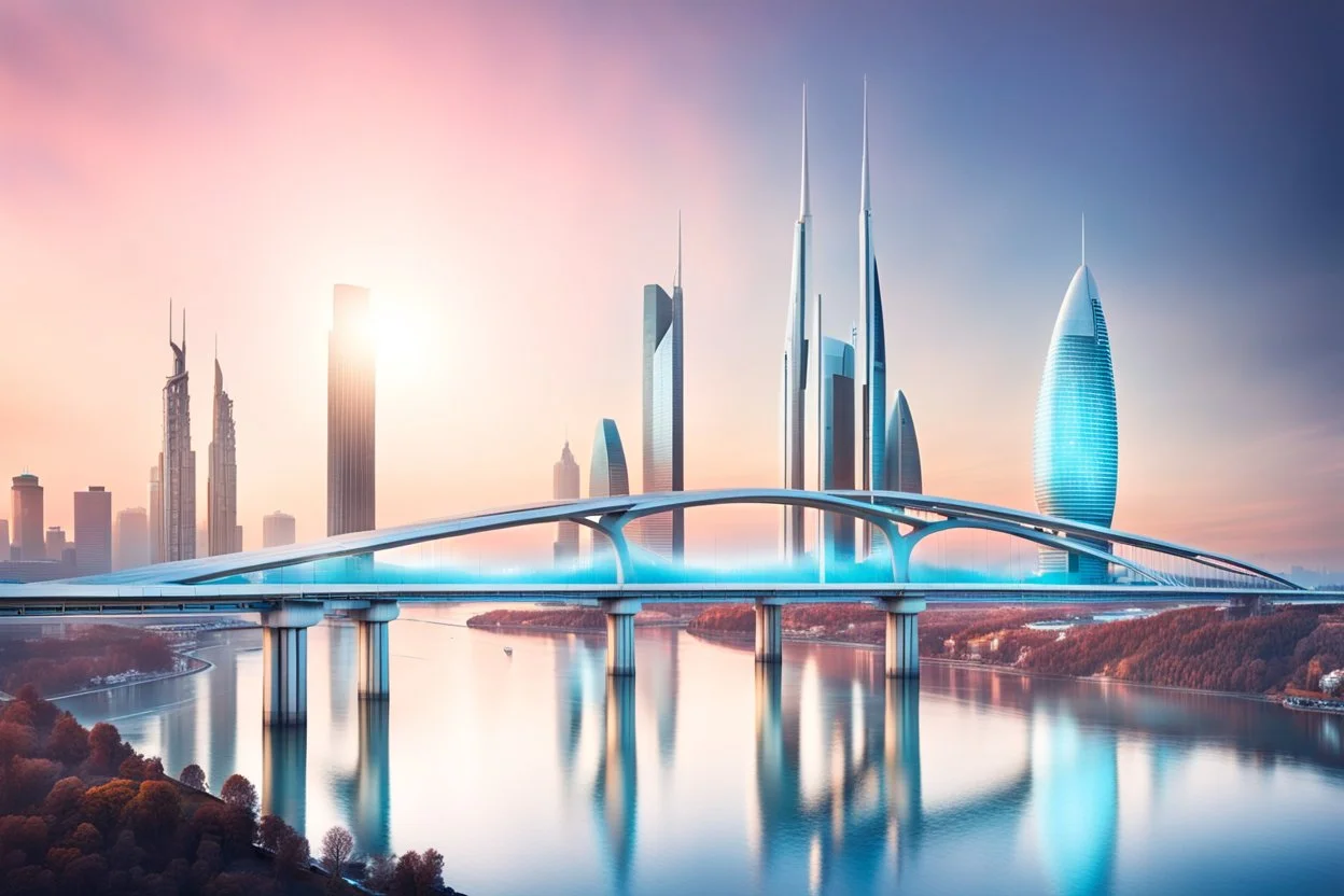 Dreamlike Skyline of Downtown futuristic hightech city in 4050 and a stunning futuristic Bridge During Sunlight with silver and darr grey clouds in sky, over the azur-silver color river, cold colors, high detalied, sci-fi, landscape