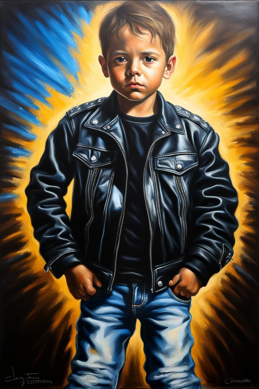 Famous actors as Children - facial Portrait - oil on canvas, chiaroscuro, deep shadows, fairytale, 20th century masterpiece, rich deep colors, highly detailed portrait, Emilio Esteves wearing a black leather biker's jacket, a black "Iron Maiden" T-shirt, Blue Jeans, black Converse sneakers,