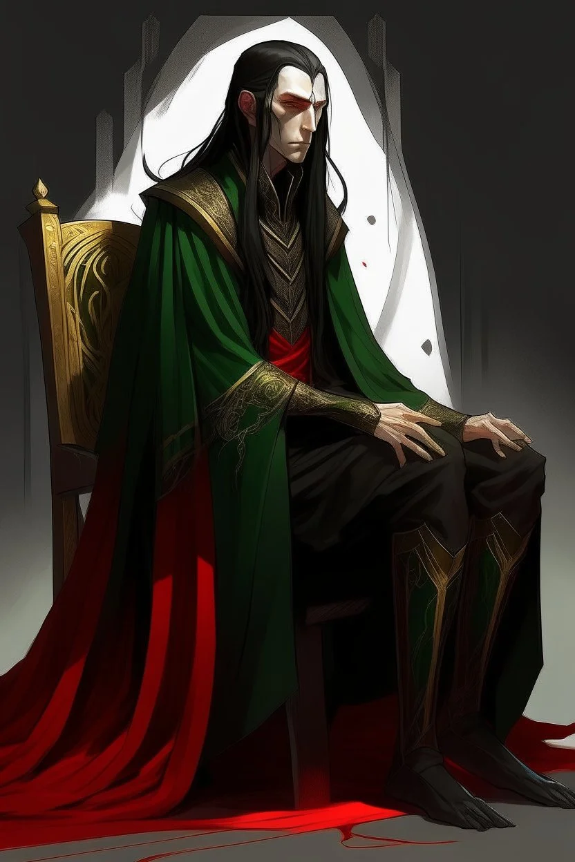 half-elf, half-human with long ears, head lowered, dark hair hanging in separate strands covering the face, only emerald-light eyes are visible, black robe and red lines from the shoulders, going closer to the neck and going down, dividing the black and red shirt, golden ones are visible lines the whole body sits on a chair with one hand holding a spear holding a spear slightly transparent black female hands on the sides stand in human height shadows like guards