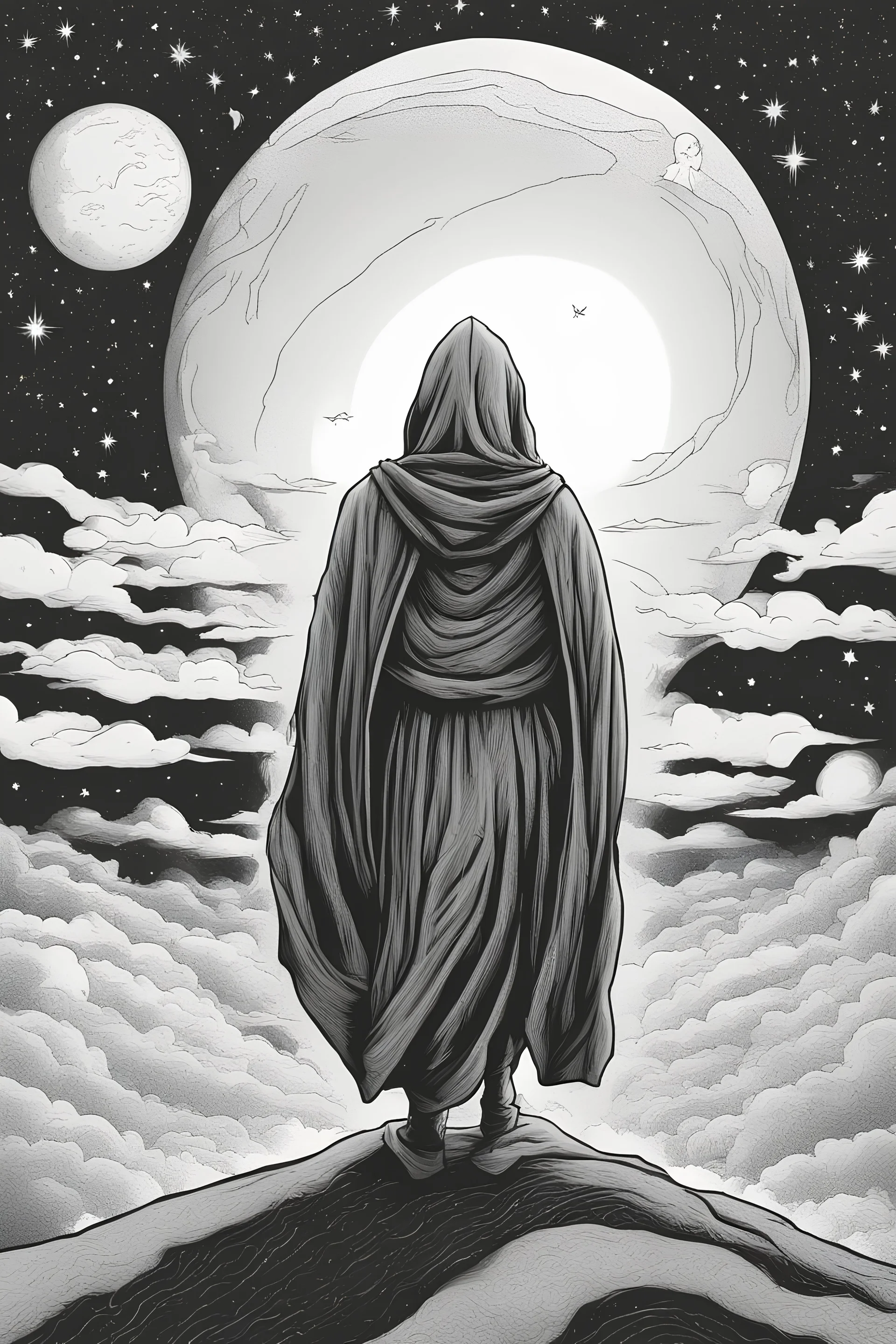 A hooded figure beneath a cosmic sky, revealing unseen truths in the moonlight. black and whitee line art, Cartoon