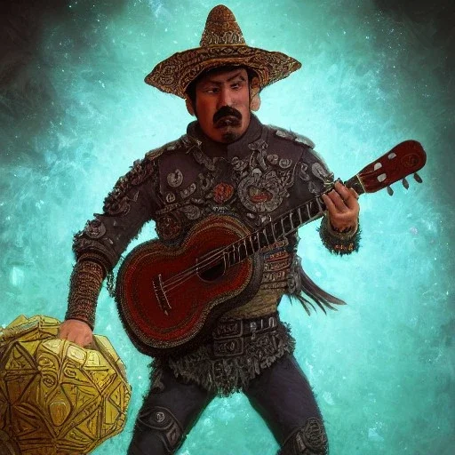 Insanely detailed photograph of an “ a mustachioed mariachi focusing on a glowing D20” with intricately detailed Sombrero, intricate armored charo, hyperdetailed painting by Ismail Inceoglu Huang Guangjian and Dan Witz CGSociety ZBrush Central fantasy art album cover art,8K, hdr, mysterious, flickeringlights ,Stoic