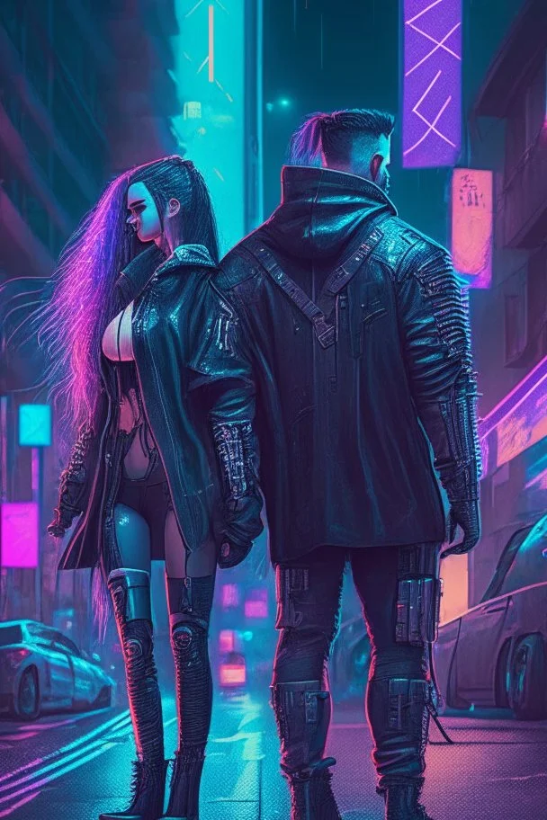 street night men love girl, couple, protective, cyberpunk