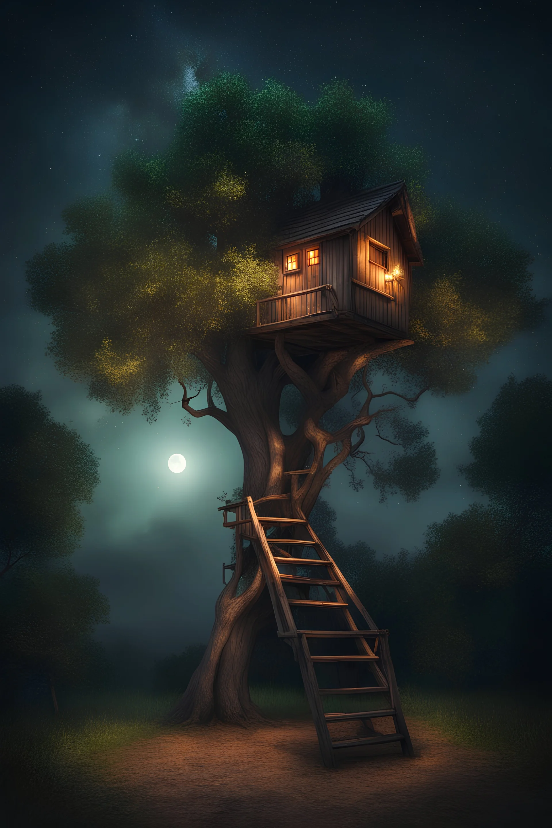 ominous small tree house at night. with a ladder to the ground. make the wood a nice brown and the leaves green. tree has many leaves. the season is summer. fill the sky with stars.