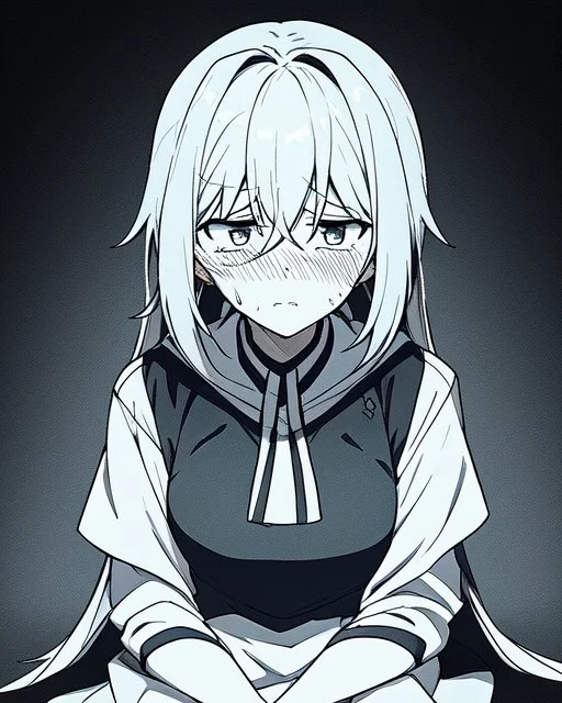 emotionless, numb, heartbroken, black and white, anime girl sitting with black background