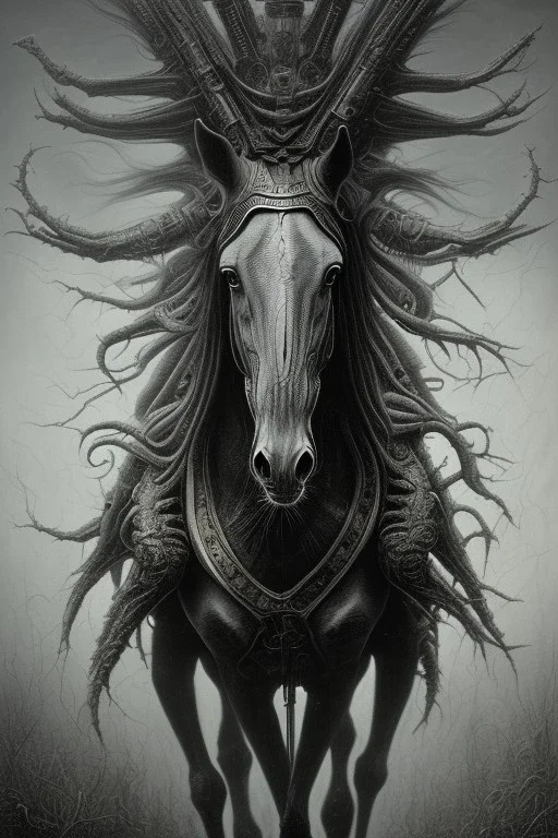 horse by h r Giger, Tim burton, dystopian surrealism, dark horror fantasy, hdr, artstation intricate details, demonic, dark art, dark noir, neoclassical gothic horror