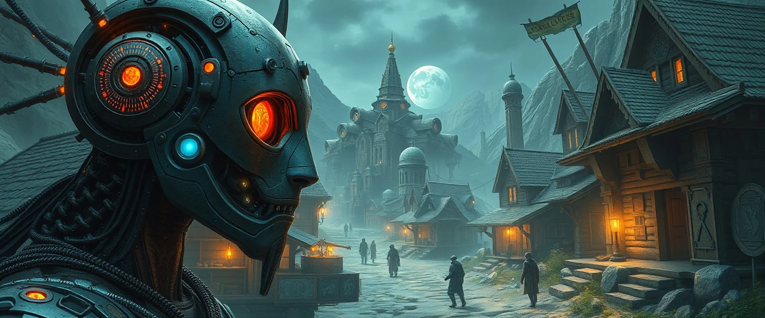 the first nation, robotic witchcraft, cyberpunk village, close up portrait of humanoid astroid dweller
