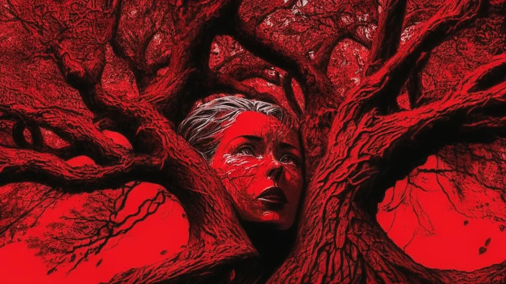 red tree, highly detailed, beautiful desktop wallpaper, comic style, human faces on tree