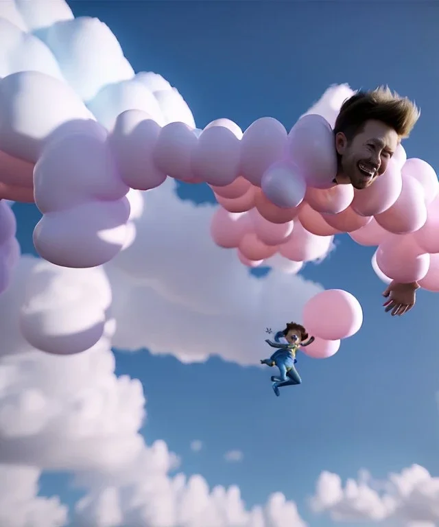 Ultra realistic clouds sky scene, medium shot view, portrait, sweet Childs, free jumping flying, trinkets, monster hair, jelly beans, balls, smile, happy, Peter Pan style, inflatable color clothing, extreme, wind, clouds sea, 20,000 feet altitude, stratosphere, soft color, highly detailed, unreal engine 5, ray tracing, RTX, lumen lighting, ultra detail, volumetric lighting, 3d, finely drawn, high definition, high resolution.