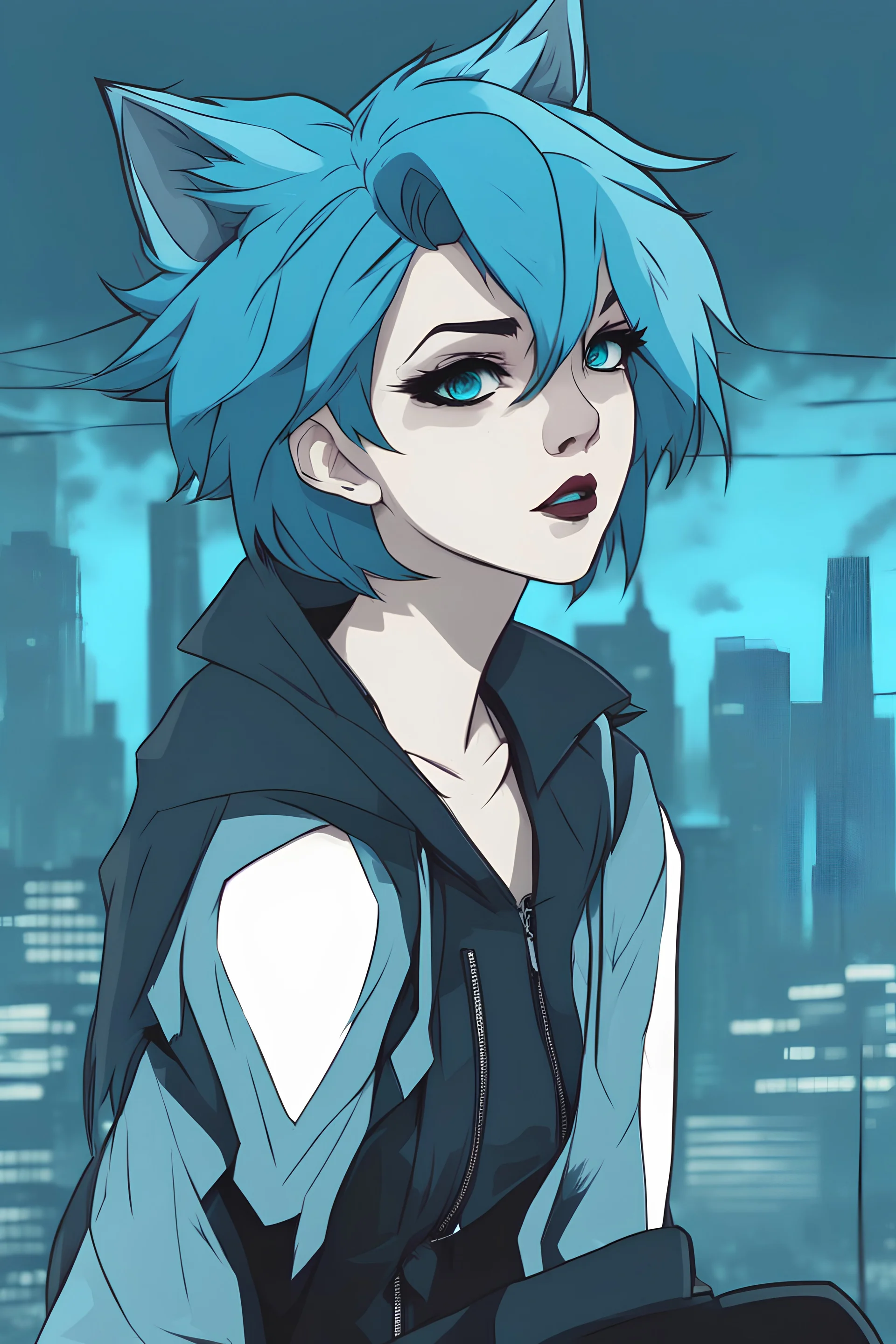 Androgynous woman with short and messy Electric blue hair and wolf ears. Dark gender-neutral attire. bored, aloof, urban background, RWBY animation style