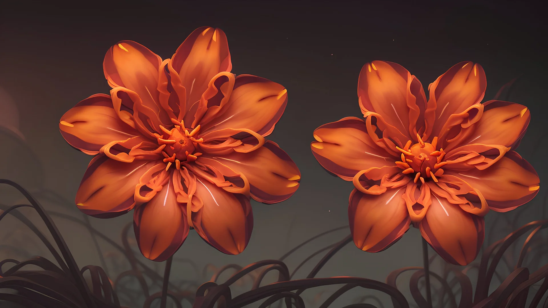 unique orange twisting flowers growing in yard, night, full moon, 8k, high quality, trending art, trending on artstation, sharp focus, studio photo, intricate details, highly detailed, by tim burton