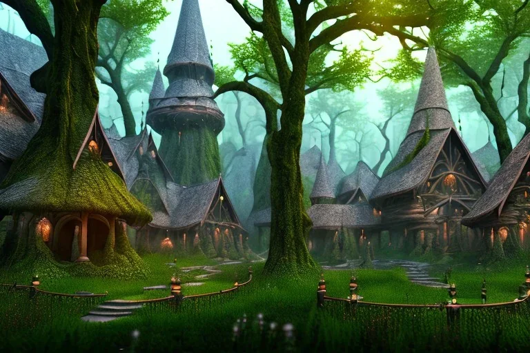 Immersive​ fantasy elven town house city in the deep forest with ancient elder tree blossom river 4k full hd