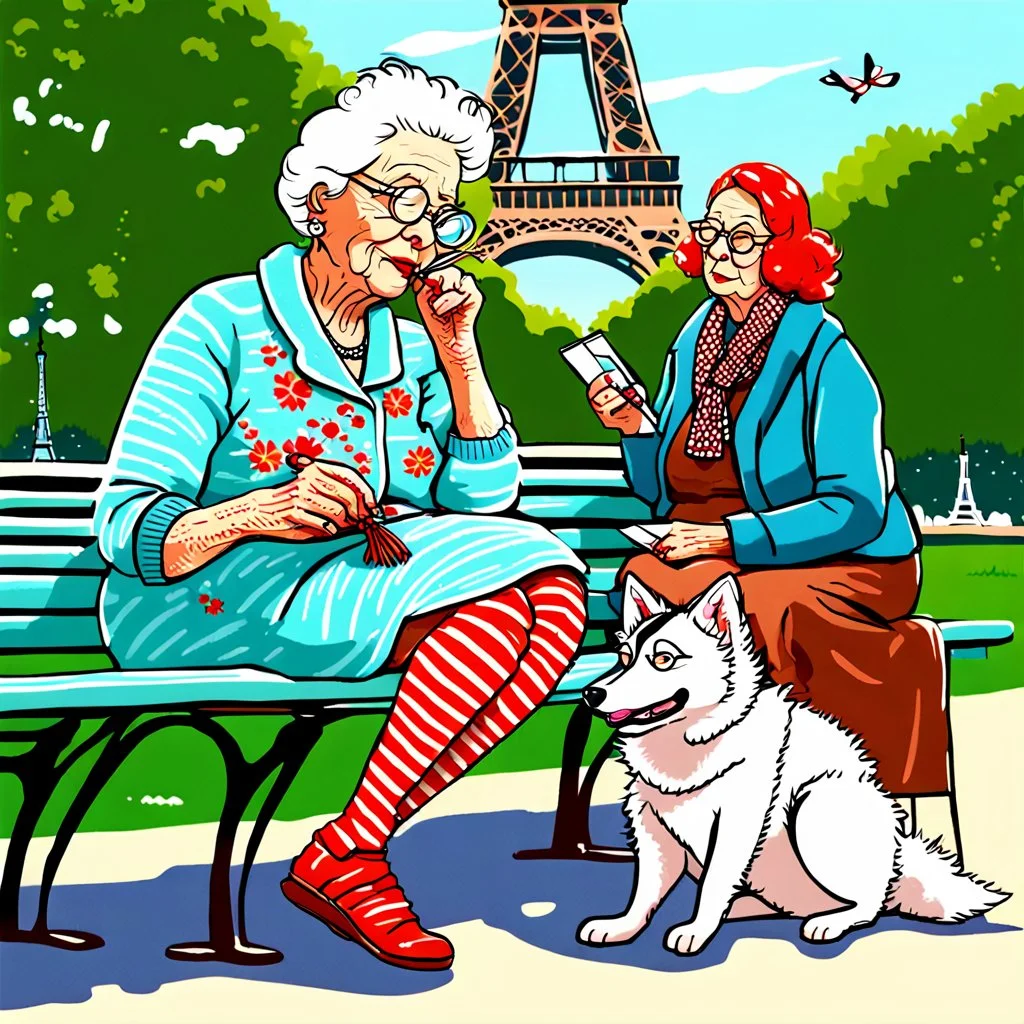 An elderly woman is knitting on a park bench, accompanied by her furry companion - a calm husky dog ​​resting next to her. In the background is the Eiffel Tower. The woman's lively personality shines through her whimsical outfit - a light blue sweater, striped tights and large round glasses perched on her nose. Her spiky red hair adds a touch of glamor to the scene. The sweet dog, with a shaggy yellow coat, lies peacefully with his head resting on the knitted fabric, providing a faithful compani