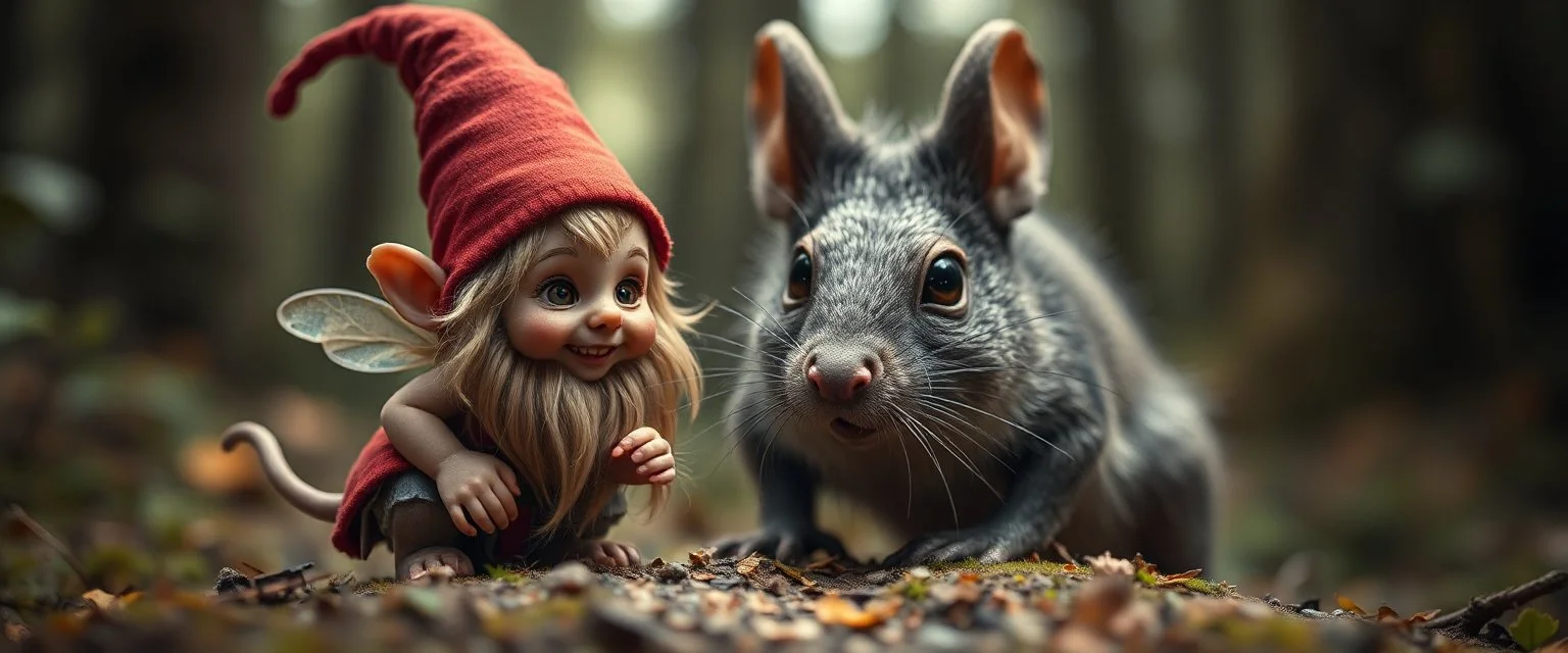 close up on pixie quickling gnome and a giant troll intense huge funny mouse, with background motion blur, in magical forest scene, in the style of Rembrandt