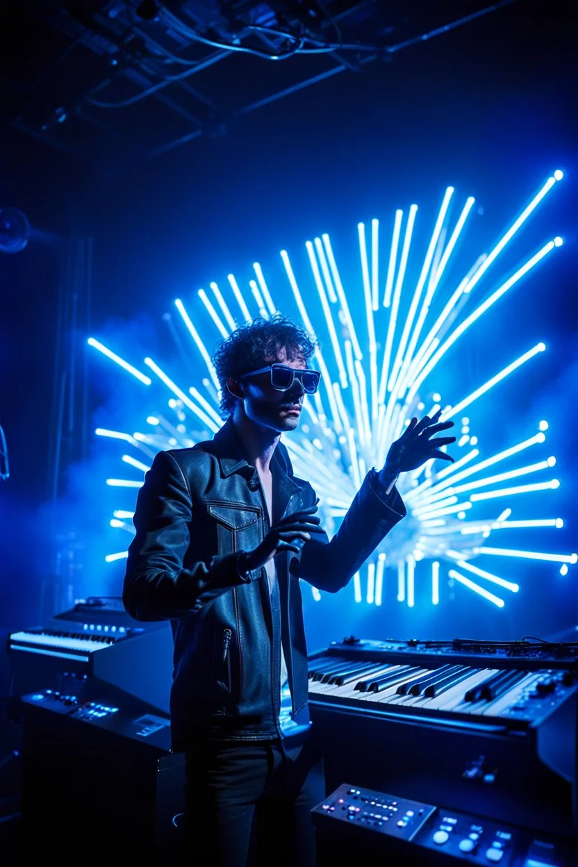 French cool synth player, he is called "Jean-Maurice Brûlée" performing at dance club, his name is "Jean-Maurice Brûlée" , white and blue Neon lights and smog, and "URANIUM" big sign on the wall, he is playing on synthesizers on stage with lot of laser beams and wearing black sunglasses, an earth is projected in background