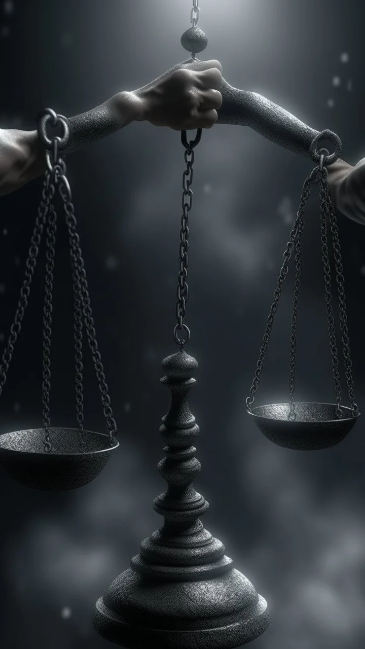 The scale of justice in a big hand , a lot of spidrs,surrealism of the dark of a nightmare ten miles high and six foot deep, hyper photorealistic, hyper detailed dark art color, high resolution, fog, octane render, tilt shift, HDRI Environment, all pictures dark gray