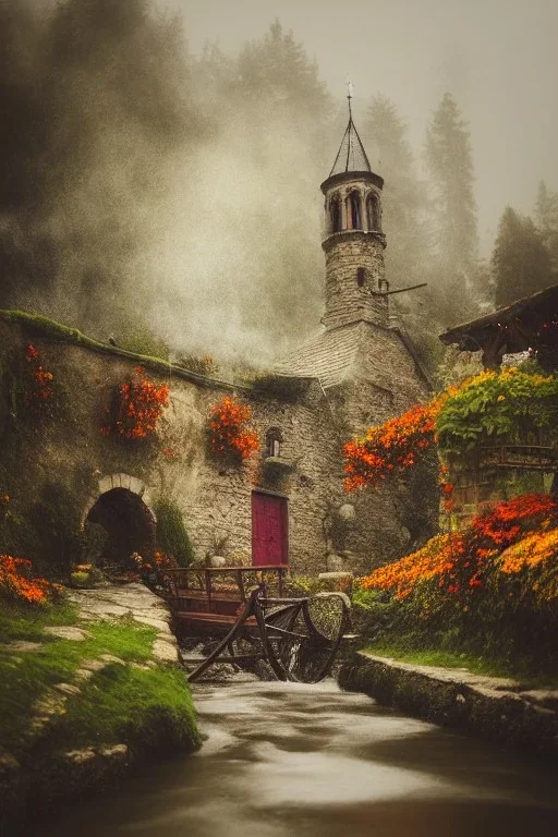 medieval village, ornate, beautiful, atmosphere, vibe, mist, smoke, chimney, rain, well, wet, pristine, puddles, red and yellow flowers, waterfall, melting, dripping, snow, creek, lush, ice, bridge, cart, orange, green, stained glass, forest, flowers, concept art illustration, volumetric lighting, volumetric clouds, color page, oil painting, trending on artstation