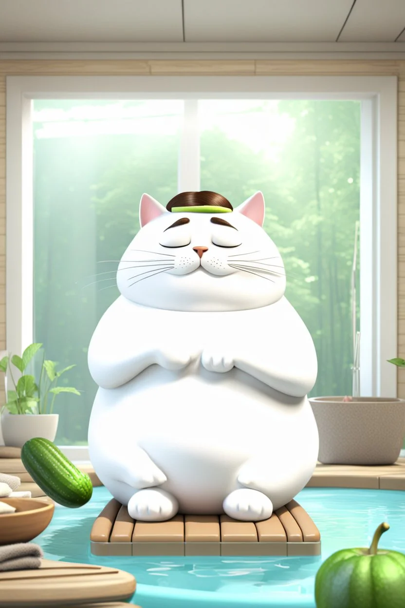 A fat cat getting a message in a spa, with cucumbers on eyes, relaxing,3d animation ,funny