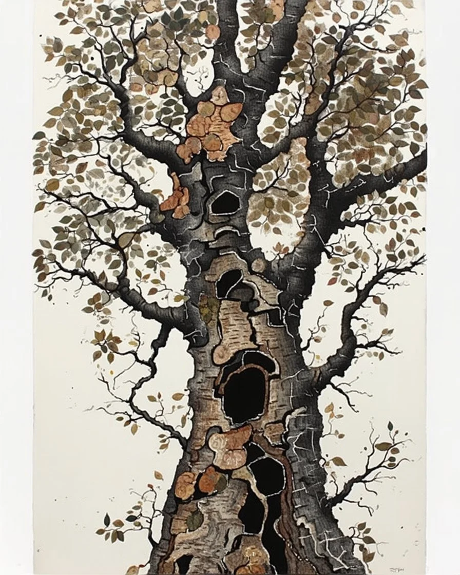 Abstract primitive tree composed of organic bark and leaf textures, fragmented into interlocking sections of varying magnification (macro veins, branch close-ups, distant silhouettes), all fused with no boundaries; rough charcoal, angular limbs and leaves, each section using distinct hatching densities and mark systems, high-contrast black on white, naive cubist/raw sketch style, continuous bleeding collage, square frame, edge-to-edge. Colored in rich but soft earth tones with the blacks preser