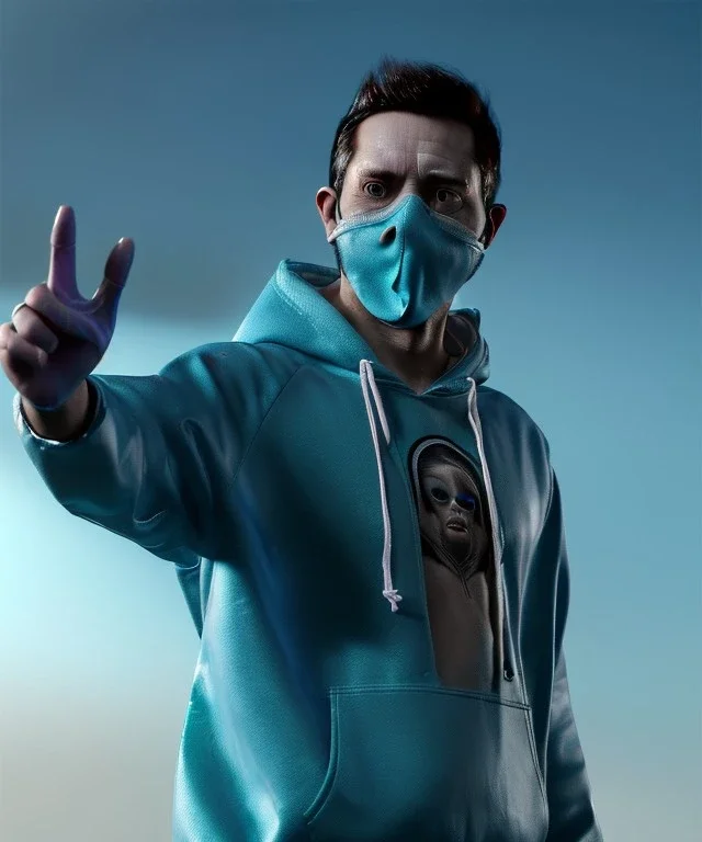 Realistic image, waist up view, a guy making the fuck you gesture with his hand, blue smoke coming out of his eyes, nose and mouth. Latex cloth, inflatable hoodie shelter, soft color, highly detailed, unreal engine 5, ray tracing, RTX, lumen lighting, ultra detail, volumetric lighting, 3d, finely drawn, high definition, high resolution.