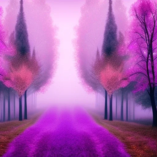 Trees growing pink and purple leaves,glitter, fog, willow, forest, beautiful, magic