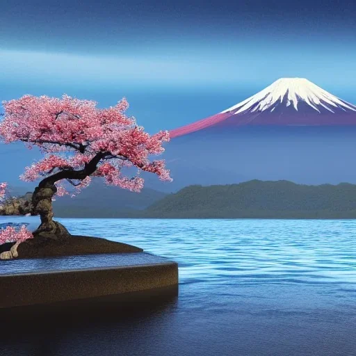 Japanese Fuji Mountain,eruption lava flows into the lake , concept art, smooth, extremely sharp detail, finely tuned detail, ultra high definition, 8 k, unreal engine 5, ultra sharp focus, illustration, magic ambient, bonsai cherry blossom trees , japanese gondolas .