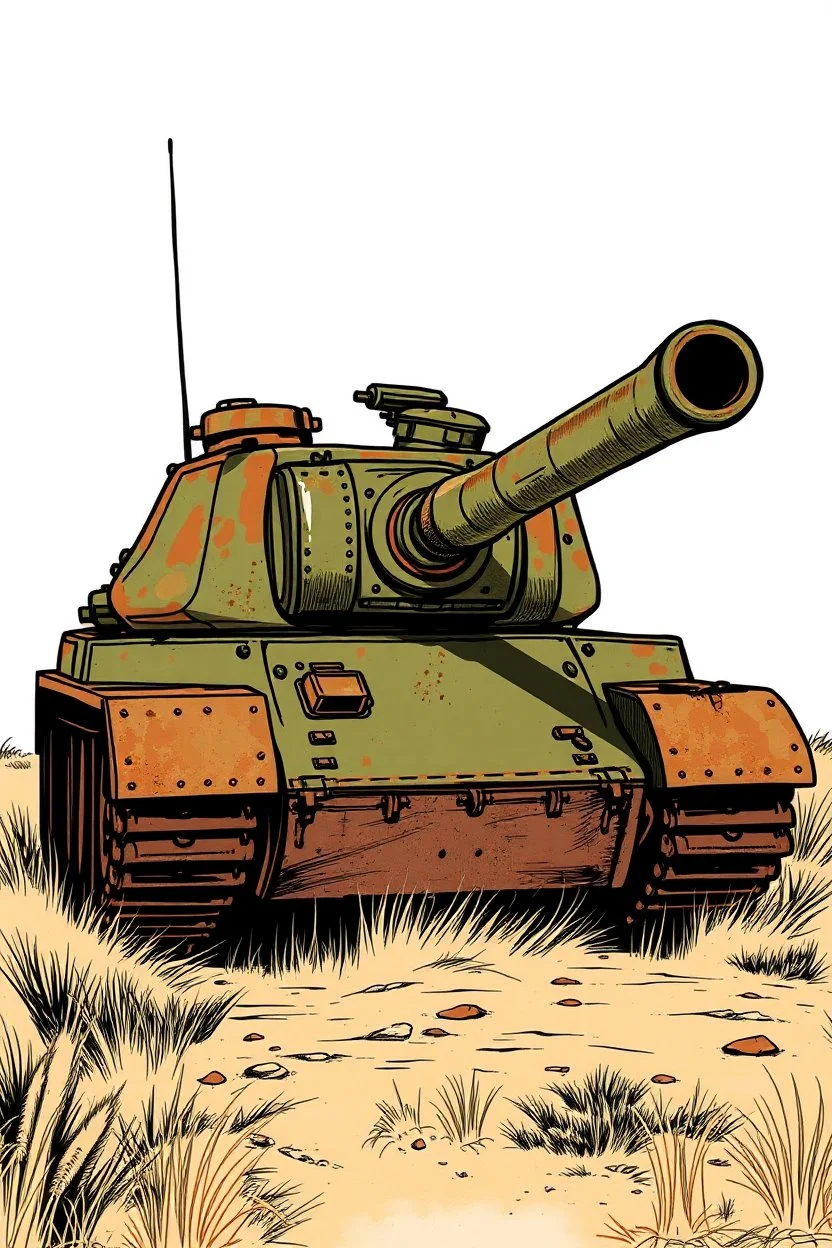 drawn of a rusty tank in a 70's illustration style