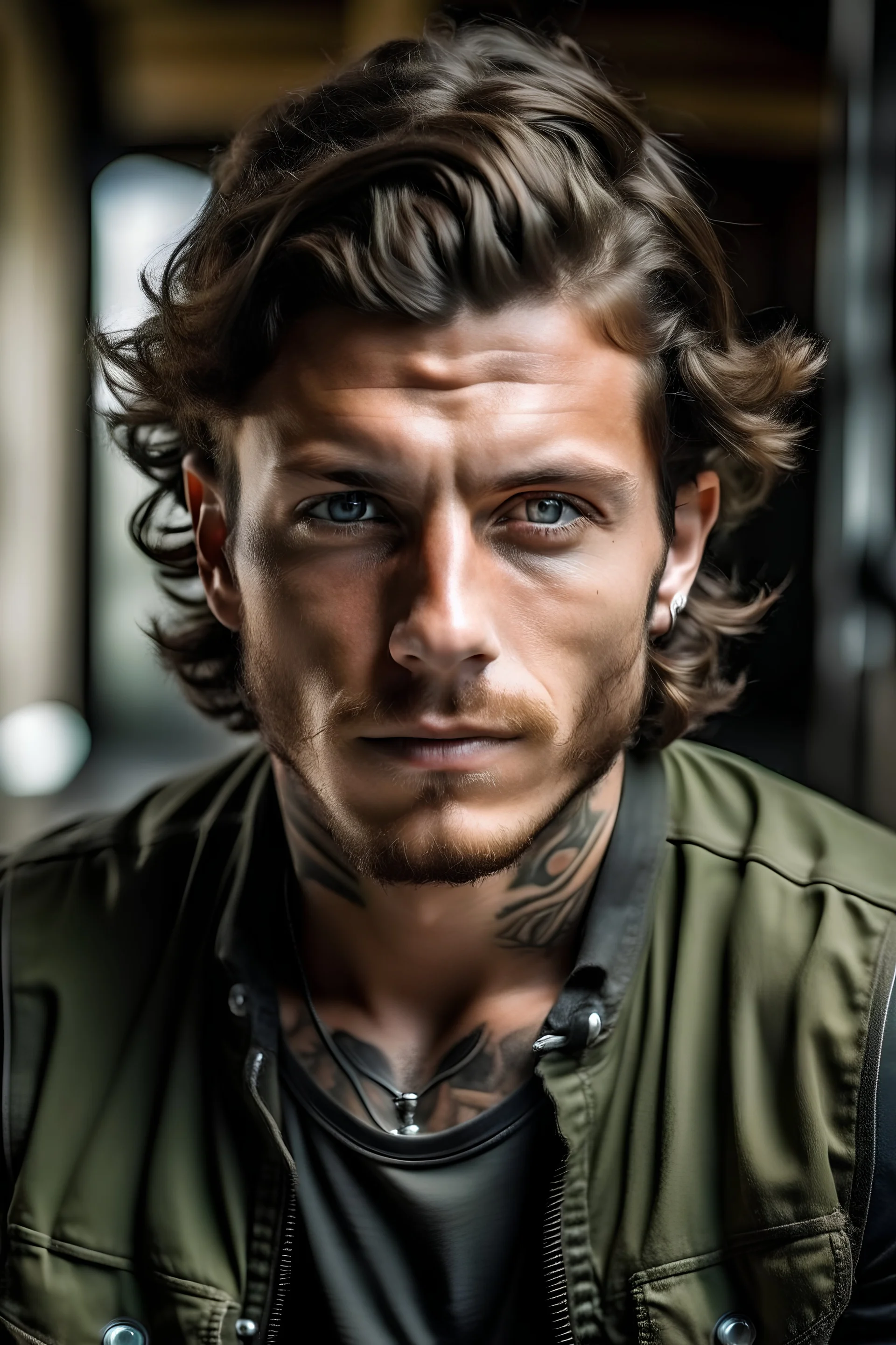 ein braunhaarig italiener mit grünen augen und einem braunen hautton. Er ist ein motorrad fahrer und hat tatoos. mach ihn jünger. es ist ein mann