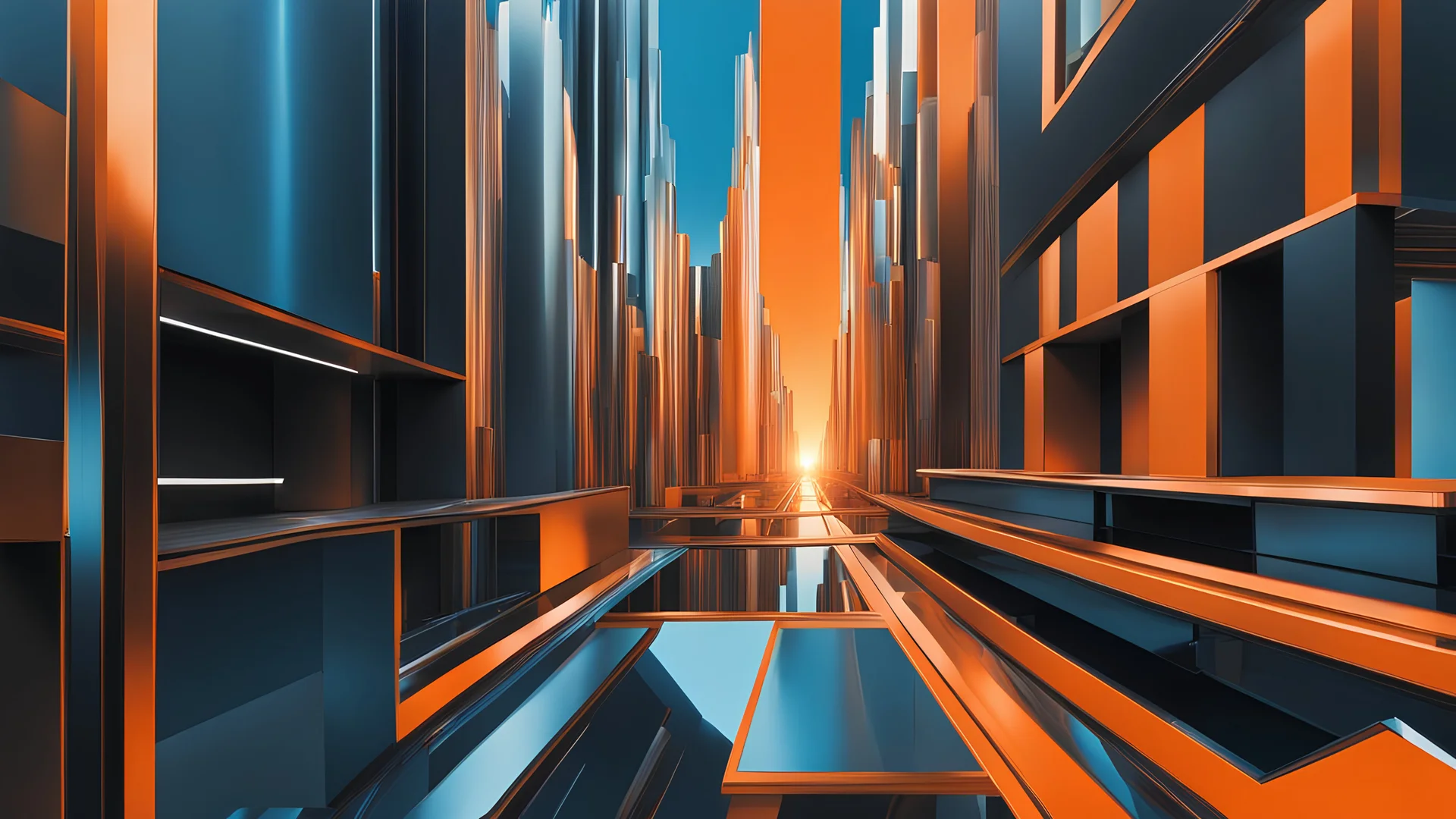 (hustle and bustle:55), (loop kick:20), (deconstruct:28), retro futurism style, urban canyon, centered, drone view, perfect loops, great verticals, great parallels, amazing reflections, excellent translucency, hard edge, colors of metallic orange and metallic steel blue