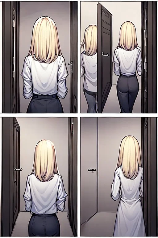 blonde girl runs in a corridor, back view, line arts, manga style