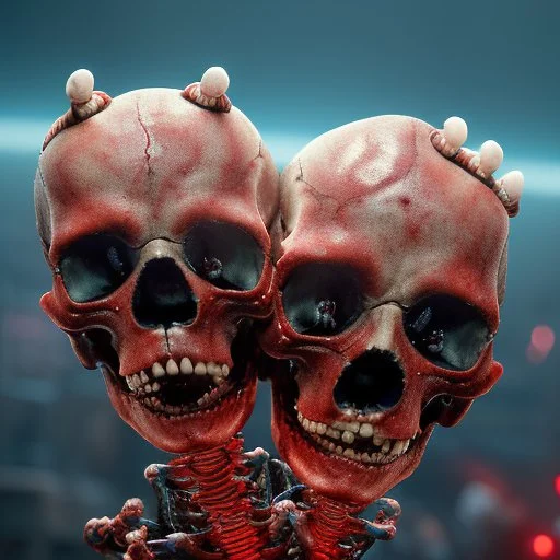 a picture of a dark, comedic, anatomically correct wall of red white and blue tightly packed stacked skulls of varying sizes and expressions, photo realistic, insanely meticulous, highly detailed, part of a collection of bones on display, 64k, dystopian, vray, anatomically correct, dystopian, horror, soviet retrofuturism