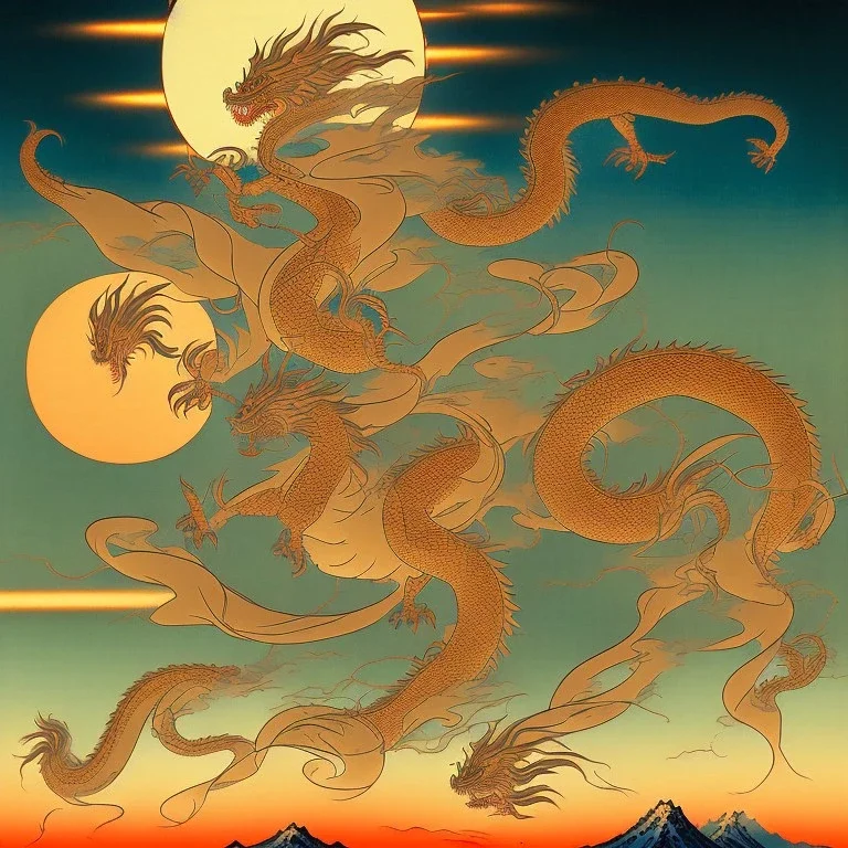 Ukiyo-e art, dragons, mountains and sun in the background