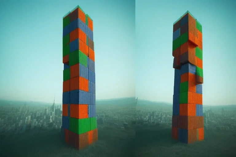 One mile tall plastic city Towers made out of stacked Rubik's CubeS, Orange, white, blue, green