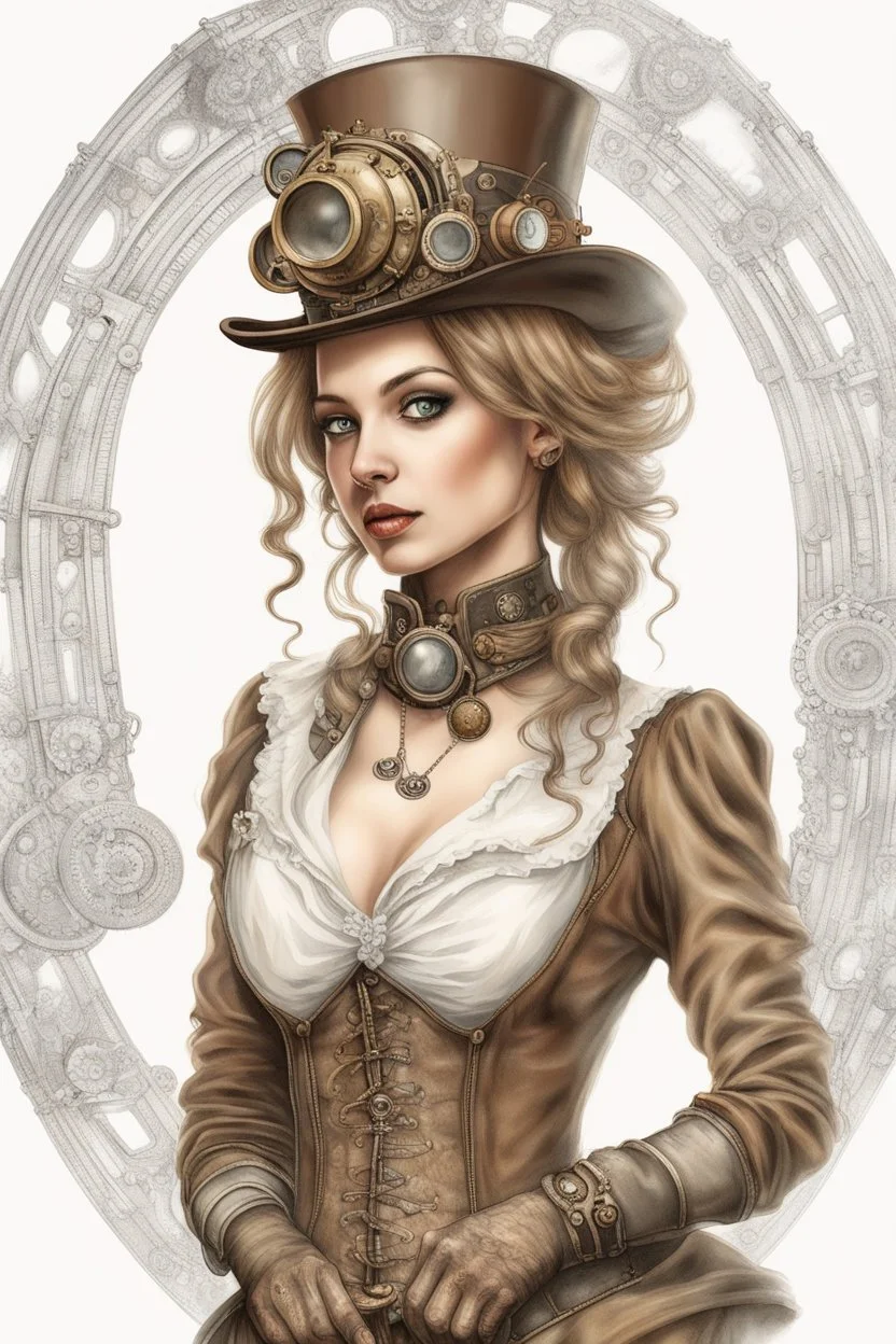 portrait of a beautiful steampunk lady on a white background photorealistic