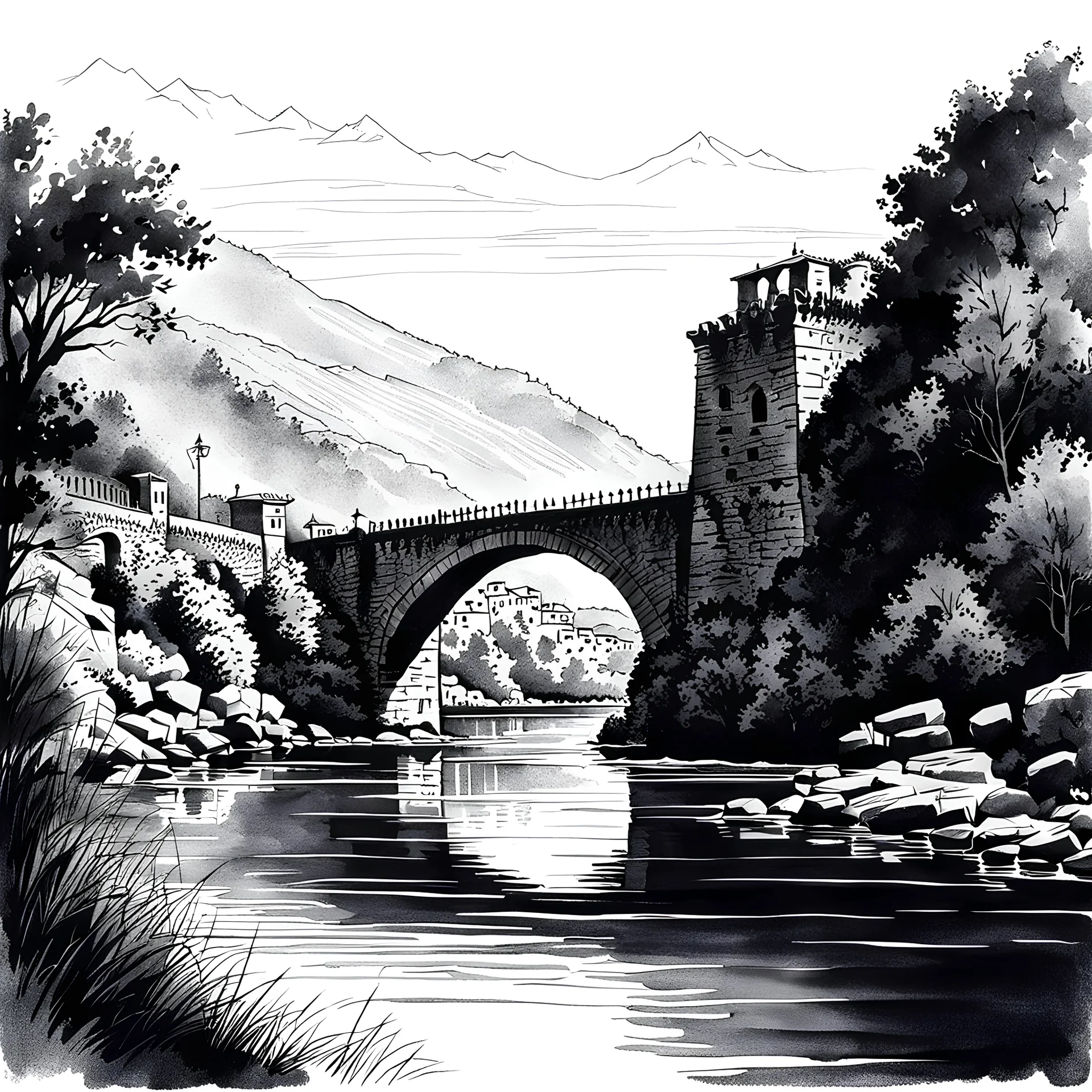 A minimal line ink drawing of the old bridge of stone of Arta in Greece. Inspired by Zdeněk Burian, reflecting a vividly artistic landscape.