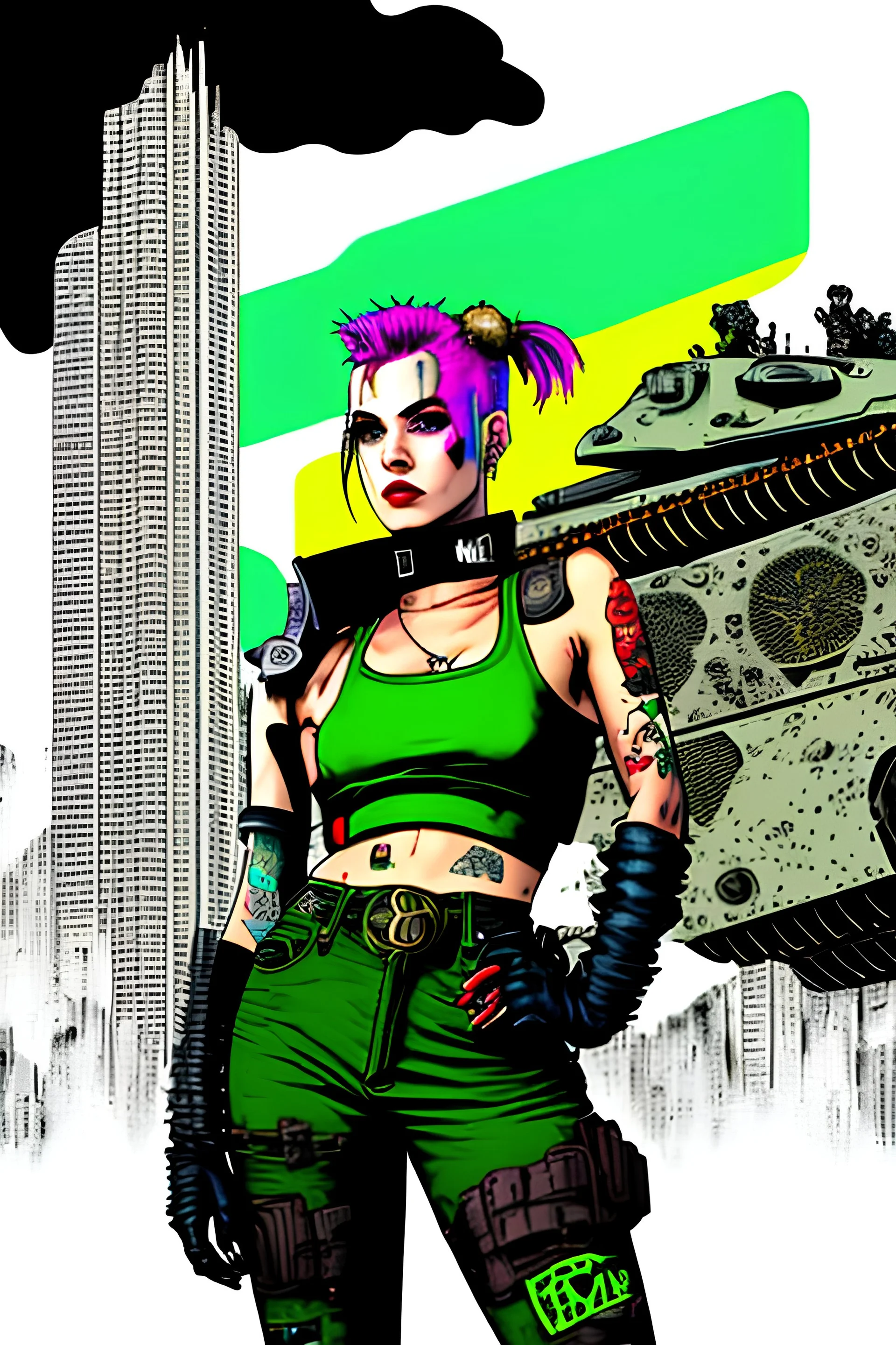 Digital illustration of comic book style cartooned Tank girl giving the middle finger, giant green military tank behind her, color pencils, ink, counter culture, dystopian, retro futuris. 90s riot girl look, punk aesthetics, collage, psychedelic, grime, textured, mixed media with a british pop culture influence, maximalism, feminist icon,