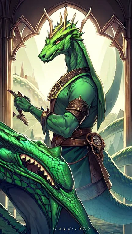 A green dragon over a medieval village