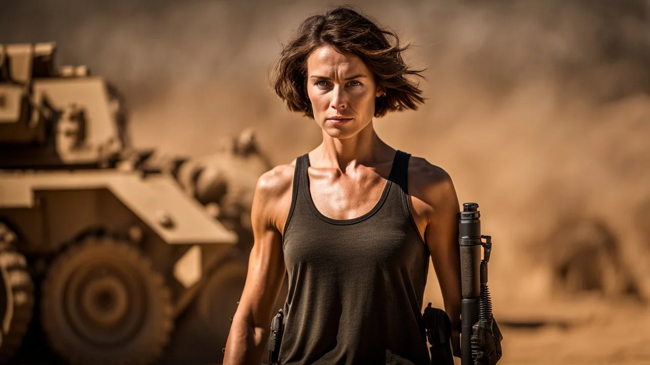 beautiful slender caucasian female technician, black tank top, well toned muscles, weathered face, scratched sand camo metal details, short brunette wavy bob haircut, dystopian, desert scene, being hit by a bullet, explosions in background, wounded by gunfire